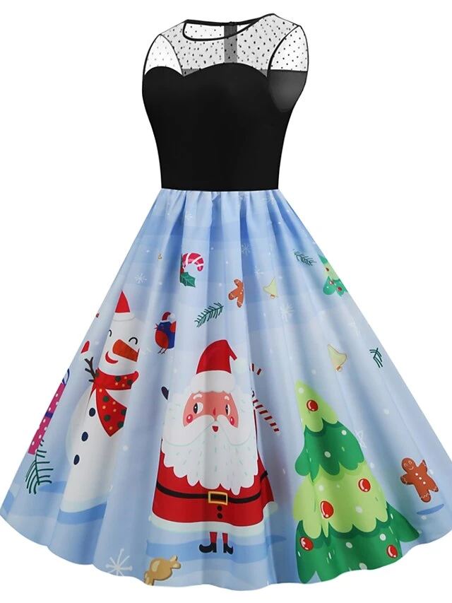 Women's Christmas Casual Dress Swing Dress Midi Dress Blue Royal Blue Dark Blue Light Blue Sleeveless Santa Claus Snowman Mesh Print Winter Fall Crew Neck Vacation Vintage 2022 S M L XL XXL 2 Women's Christmas Casual Dress Swing Dress Midi Dress Blue Royal Blue Dark Blue Light Blue Sleeveless Santa Claus Snowman Mesh Print Winter Fall Crew Neck Vacation Vintage 2022 S M L XL XXL - Image 2