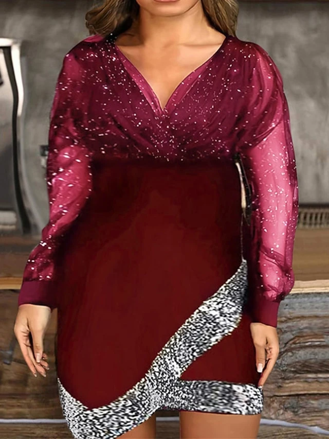 Women‘s Plus Size Curve Party Dress Solid Color V Neck Mesh Long Sleeve Spring Fall Casual Sequins Prom Dress Mini Dress Party Evening Party Dress Black Dress Sequin Dress 4 Women‘s Plus Size Curve Party Dress Solid Color V Neck Mesh Long Sleeve Spring Fall Casual Sequins Prom Dress Mini Dress Party Evening Party Dress Black Dress Sequin Dress - Image 4