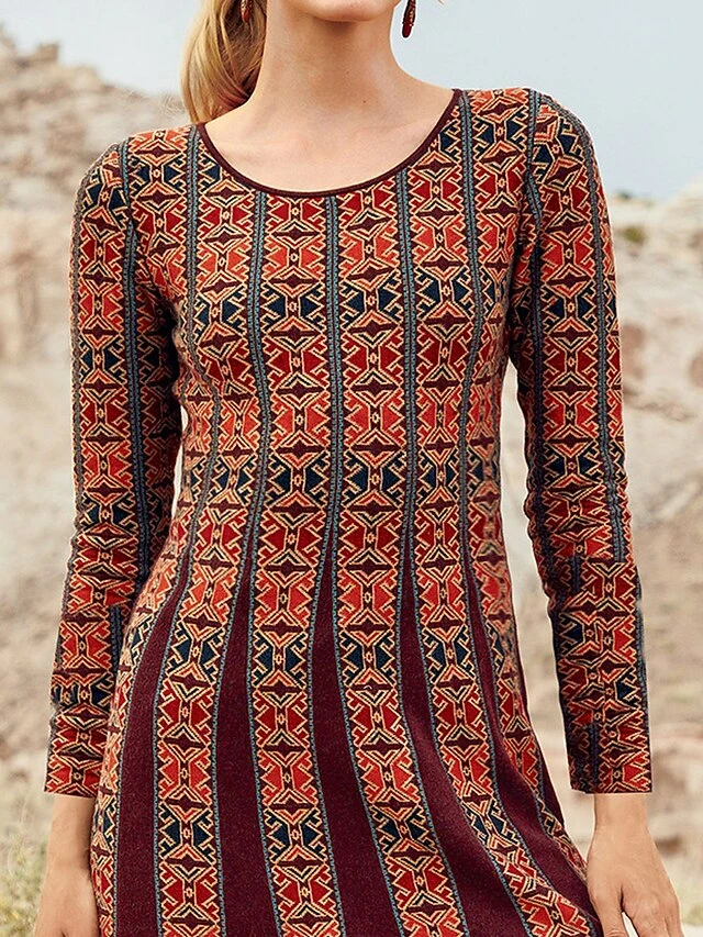 Women's Casual Dress Ethnic Dress Print Dress Geometric Tribal Print V Neck Mini Dress Vintage Ethnic Outdoor Daily Long Sleeve Loose Fit Wine Spring Fall S M L XL XXL 2 Women's Casual Dress Ethnic Dress Print Dress Geometric Tribal Print V Neck Mini Dress Vintage Ethnic Outdoor Daily Long Sleeve Loose Fit Wine Spring Fall S M L XL XXL - Image 2