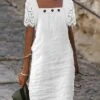 Women's Casual Dress Lace Dress White Dress Midi Dress Lace Patchwork Daily Date Going Out Fashion Basic Square Neck Short Sleeve 2023 Loose Fit White Color S M L XL XXL Size