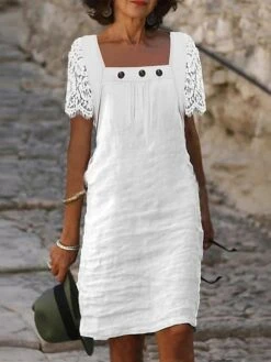 Women's Casual Dress Lace Dress White Dress Midi Dress Lace Patchwork Daily Date Going Out Fashion Basic Square Neck Short Sleeve 2023 Loose Fit White Color S M L XL XXL Size