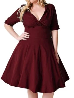 Women‘s Plus Size Curve Casual Dress Vintage Dress Solid Color Midi Dress Half Sleeve V Neck Fashion Daily Black Wine Summer Spring L XL XXL 3XL 4XL