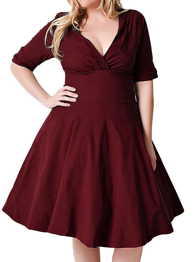 Women‘s Plus Size Curve Casual Dress Vintage Dress Solid Color Midi Dress Half Sleeve V Neck Fashion Daily Black Wine Summer Spring L XL XXL 3XL 4XL 1 Women‘s Plus Size Curve Casual Dress Vintage Dress Solid Color Midi Dress Half Sleeve V Neck Fashion Daily Black Wine Summer Spring L XL XXL 3XL 4XL