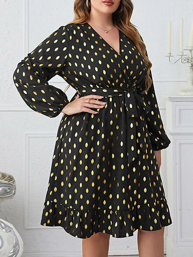 Women's Plus Size Party Dress Wedding Guest Dress Black Dress Midi Dress Black Long Sleeve Dot With Belt Spring Fall Winter V Neck Fashion Winter Dress Evening Party Wedding Guest 2023 XL XXL 3XL 4XL 1 Women's Plus Size Party Dress Wedding Guest Dress Black Dress Midi Dress Black Long Sleeve Dot With Belt Spring Fall Winter V Neck Fashion Winter Dress Evening Party Wedding Guest 2023 XL XXL 3XL 4XL