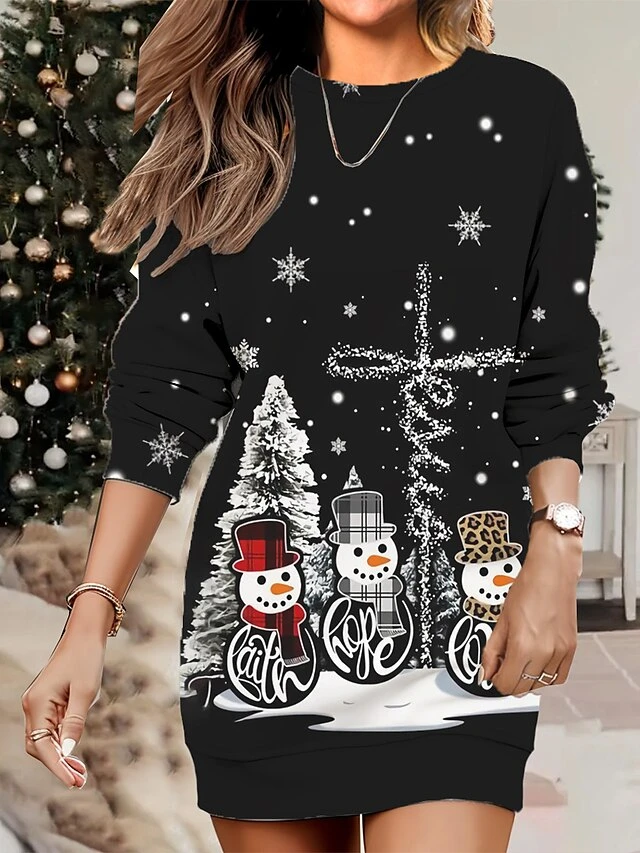 Women's Christmas Casual Dress Sweatshirt Dress Mini Dress Warm Fashion OutdoorVacation Crew Neck Print SnowmanTree Loose Fit Black Yellow Burgundy S M L XL XXL 2 Women's Christmas Casual Dress Sweatshirt Dress Mini Dress Warm Fashion OutdoorVacation Crew Neck Print SnowmanTree Loose Fit Black Yellow Burgundy S M L XL XXL - Image 2