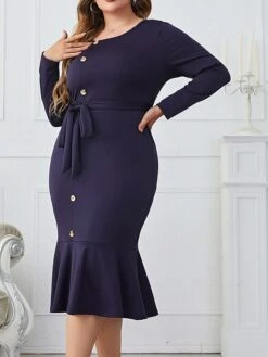 Women‘s Plus Size Curve Work Dress Sheath Dress Semi Formal Dress Fashion Midi Dress Lace Up Ruffle Crew Neck Long Sleeve Plain Regular Fit Navy Blue Spring Fall XL XXL 3XL 4XL -Casual Print Dress Sales tufcph1692089357691