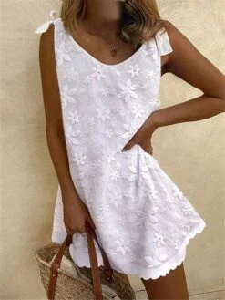 Women's Casual Dress White Dress Tank Dress Plain Lace Embroidered Crew Neck Mini Dress Active Streetwear Outdoor Holiday Sleeveless Loose Fit White Summer Spring S M L XL XXL