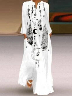 Women's Shift Dress Swing Dress Long Dress Maxi Dress Green Blue Grey White Black Long Sleeve Feather Butterfly Pocket Print Summer Spring V Neck Stylish Casual Dress 2023 S M L XL XXL XXXL 4XL 5XL