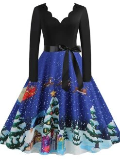 Women's Christmas Casual Dress Swing Dress Midi Dress Blue Purple Royal Blue Light Blue White Long Sleeve Santa Claus Elk Tree Bow Print Winter Fall V Neck Vacation Vintage 2022 S M L XL -Casual Print Dress Sales tvgltj1666927316982