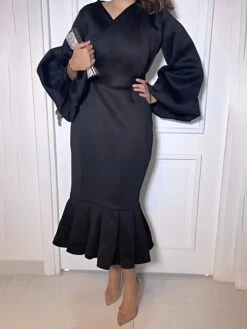 Women‘s Plus Size Curve Party Dress Solid Color V Neck Ruched Puff Sleeve Long Sleeve Winter Fall Casual Maxi Long Dress Party Vacation Dress Sheath Dress Black Dress