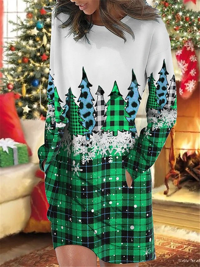 Women's Christmas Casual Dress Sweatshirt Dress Mini Dress Warm Fashion OutdoorHoliday Crew Neck Pocket PrintTree Snowflake Loose Fit Burgundy Blue Green S M L XL XXL 2 Women's Christmas Casual Dress Sweatshirt Dress Mini Dress Warm Fashion OutdoorHoliday Crew Neck Pocket PrintTree Snowflake Loose Fit Burgundy Blue Green S M L XL XXL - Image 2