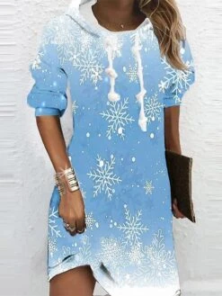 Women's Christmas Hoodie Dress Shift Dress Mini Dress Green Blue Red Long Sleeve Floral Snowflake Print Winter Fall Hooded Vacation Casual 2022 S M L XL XXL 3XL
