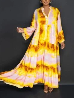 Women's Shirt Dress Casual Dress Swing Dress Maxi Long Dress Outdoor Daily Vacation Polyester Fashion Modern Split Neck Ruffle Print Long Sleeve Summer Spring Fall 2023 Loose Fit White Tie Dye Flower -Casual Print Dress Sales twemyz1691057443253