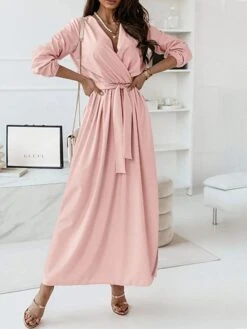 Women's Casual Dress Swing Dress Church Dress Long Dress Maxi Dress Pink Red Blue Long Sleeve Pure Color Lace Up Fall Winter Autumn V Neck Elegant Winter Dress Fall Dress 2023 S M L XL XXL 3XL -Casual Print Dress Sales twiypq1632306822620