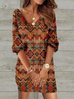 Women's Casual Dress Ethnic Dress Shift Dress Mini Dress Black Wine Red 3/4 Length Sleeve Floral Print Spring Fall Winter V Neck Fashion Loose Fit 2023 S M L XL XXL 3XL 4XL 5XL -Casual Print Dress Sales twoumy1671420170052