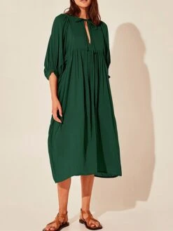 Women's Shirt Dress Casual Dress Midi Dress Outdoor Daily Date Cotton Basic Classic V Neck Ruched Long Sleeve Fall Winter 2023 Loose Fit Black Green Apricot Pure Color S M L XL -Casual Print Dress Sales txewcx1695096318707