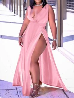 Women‘s Plus Size Curve Holiday Dress Solid Color V Neck Ruched Sleeveless Spring Summer Prom Dress Maxi Long Dress Daily Holiday Dress Split -Casual Print Dress Sales tykplp1641980956614