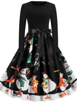 Women's Christmas Knee Length Dress Blue Purple Wine Gray Green Black Red Light Blue Long Sleeve Print Bow Print Fall Winter Round Neck Casual Vintage2021 S M L XL XXL -Casual Print Dress Sales tyrtmb1629971948751