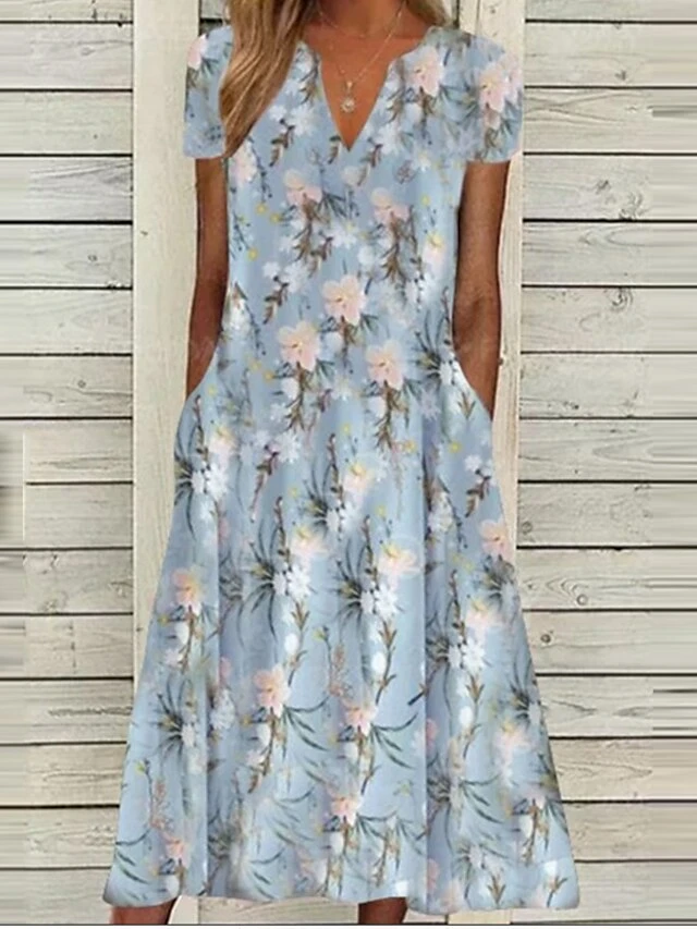 Women's Casual Dress Midi Dress Blue Short Sleeve Floral Pocket Summer Spring V Neck Casual Loose Fit 2023 S M L XL XXL 1 Women's Casual Dress Midi Dress Blue Short Sleeve Floral Pocket Summer Spring V Neck Casual Loose Fit 2023 S M L XL XXL