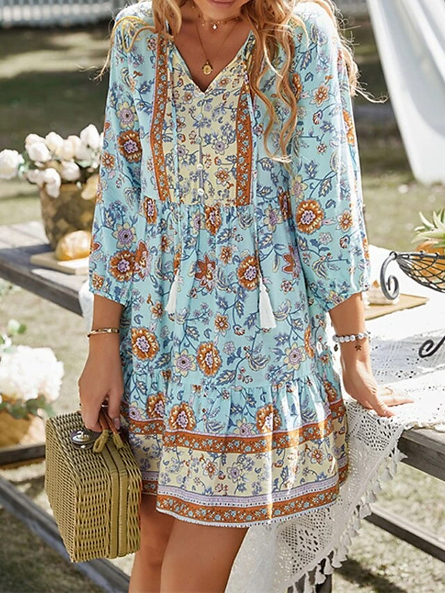 Women's Boho Dress Long Dress Maxi Dress Pink Beige Light Blue 3/4 Length Sleeve Floral Ruffle Fall Autumn V Neck Weekend Loose Fit 2023 S M L XL 9 Women's Boho Dress Long Dress Maxi Dress Pink Beige Light Blue 3/4 Length Sleeve Floral Ruffle Fall Autumn V Neck Weekend Loose Fit 2023 S M L XL - Image 9