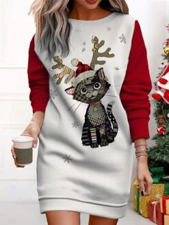 Women's Christmas Casual Dress Sweatshirt Dress Mini Dress Warm Fashion OutdoorVacation Crew Neck Print Animal Loose Fit Black Yellow Red S M L XL XXL -Casual Print Dress Sales tyziel1695365431467