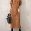 Women's Casual Dress Hoodie Dress Long Dress Maxi Dress Fashion Daily Outdoor Home Vacation Crew Neck Pocket Pure Color Pure Color Loose Fit Black Brown Army Green M L XL XXL