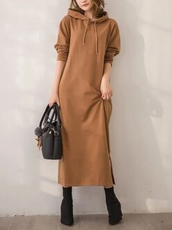 Women's Casual Dress Hoodie Dress Long Dress Maxi Dress Fashion Daily Outdoor Home Vacation Crew Neck Pocket Pure Color Pure Color Loose Fit Black Brown Army Green M L XL XXL