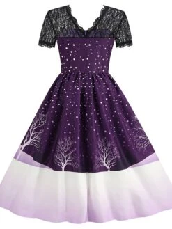 Women's Christmas Knee Length Dress Blue Purple Wine Green Black Red Short Sleeve Print Lace Print Fall Winter Round Neck CasualRegular Fit 2021 S M L XL XXL 3XL -Casual Print Dress Sales tziefd1632737573379