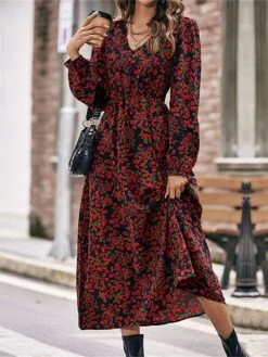 Women's Casual Dress Swing Dress Floral Dress Floral Ditsy Floral Print V Neck Midi Dress Fashion Modern Daily Holiday Long Sleeve Loose Fit Black Spring Fall S M L -Casual Print Dress Sales tzmwlb1692094132298
