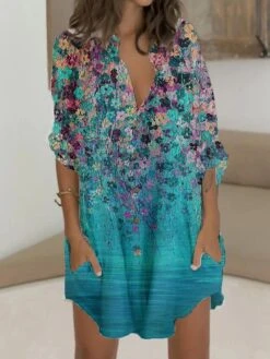 Women's Shirt Dress Casual Dress Shift Dress Mini Dress Outdoor Daily Vacation Polyester Fashion Casual Stand Collar Button Pocket Long Sleeve Summer Spring Fall 2023 Regular Fit Blue Purple Green -Casual Print Dress Sales tztcsf1677146428977