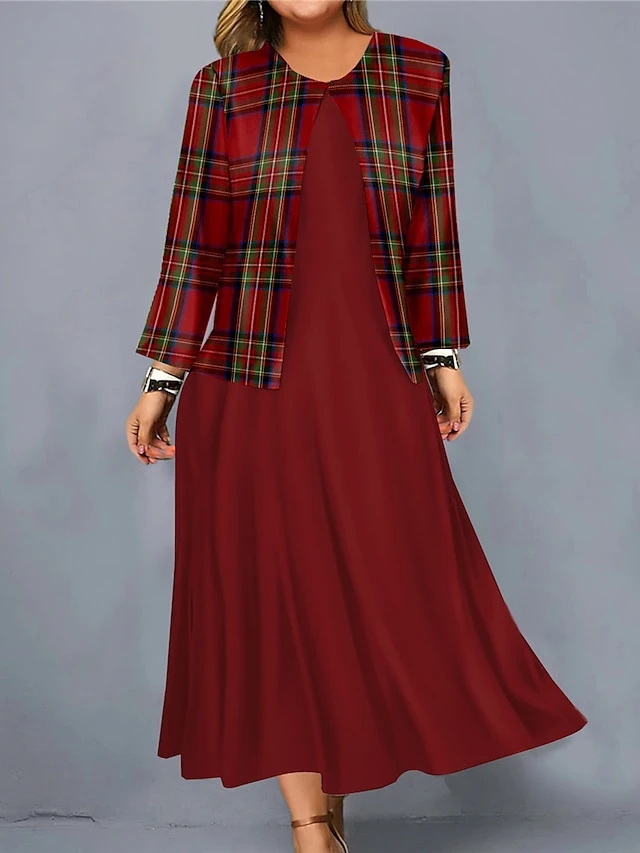 Women's Christmas Plus Size Curve Casual Dress Dress Set Two Piece Dress Plaid Midi Dress Long Sleeve Print Crew Neck Fashion Outdoor Wine Blue Fall Winter L XL XXL 3XL 4XL 2 Women's Christmas Plus Size Curve Casual Dress Dress Set Two Piece Dress Plaid Midi Dress Long Sleeve Print Crew Neck Fashion Outdoor Wine Blue Fall Winter L XL XXL 3XL 4XL - Image 2