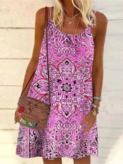 Women's Casual Dress Summer Dress Slip Dress Tribal Drawstring Print Strap Mini Dress Fashion Holiday Vacation Sleeveless Loose Fit Pink Red Blue Summer Spring S M L XL XXL -Casual Print Dress Sales udnzqk1683282123629