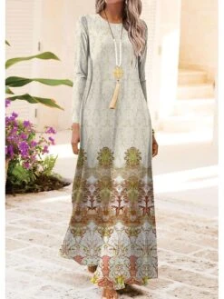 Women's Casual Dress Swing Dress A Line Dress Graphic Print Crew Neck Long Dress Maxi Dress Fashion Streetwear Outdoor Daily Long Sleeve Regular Fit Yellow Pink Blue Fall Winter One-Size S M L XL -Casual Print Dress Sales udszaf1696844881137