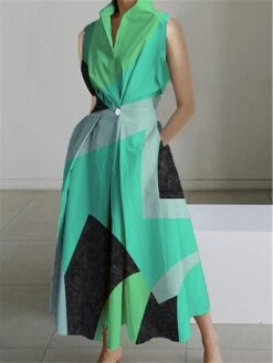 Women's Shirt Dress Casual Dress Swing Dress Maxi Long Dress Outdoor Office Daily Polyester Fashion Modern Shirt Collar Button Pocket Sleeveless Summer Spring 2023 Loose Fit Yellow Dark Pink Blue -Casual Print Dress Sales uervib1690859507676