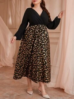 Women's Plus Size Curve Prom Dress Party Dress Wedding Guest Dress Long Dress Maxi Dress Black Long Sleeve Print Ruched Fall Winter Autumn V Neck Fashion Evening Party Wedding Guest Loose Fit -Casual Print Dress Sales ufbsqw1692946423311