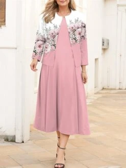 Women's Plus Size Curve Casual Dress Dress Set Two Piece Dress Floral Midi Dress Long Sleeve Print Crew Neck Fashion Outdoor Pink Fall Winter L XL XXL 3XL 4XL