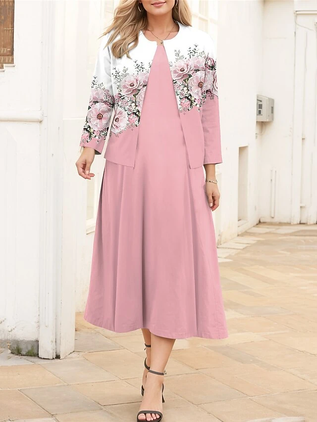 Women's Plus Size Curve Casual Dress Dress Set Two Piece Dress Floral Midi Dress Long Sleeve Print Crew Neck Fashion Outdoor Pink Fall Winter L XL XXL 3XL 4XL 1 Women's Plus Size Curve Casual Dress Dress Set Two Piece Dress Floral Midi Dress Long Sleeve Print Crew Neck Fashion Outdoor Pink Fall Winter L XL XXL 3XL 4XL