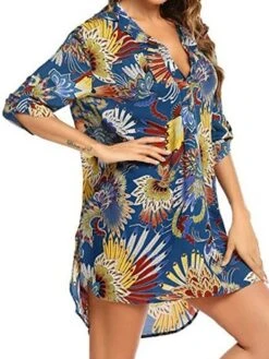 Women's Shirt Dress Beach Dress Beach Wear Mini Dress Button Plus High Low Casual Leopard Turndown 3/4 Length Sleeve Loose Fit Outdoor Daily Azure Black 2023 Spring Summer S M L XL -Casual Print Dress Sales ufjljh1676892562635