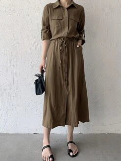 Women's Shirt Dress Casual Dress Maxi Long Dress Outdoor Daily Date Polyester Fashion Classic Shirt Collar Button Pocket Long Sleeve Fall Winter 2023 Loose Fit ArmyGreen Black Brown Pure Color S M L -Casual Print Dress Sales ufmsth1693535853679
