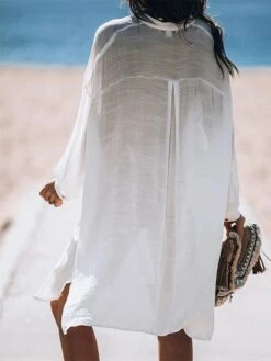 Women's Cover Up Beach Dress Beach Wear Midi Dress Button Basic Casual Plain Stand Collar Long Sleeve Loose Fit Outdoor Daily White 2023 Fall Spring One Size -Casual Print Dress Sales ufpzuy1673421341015