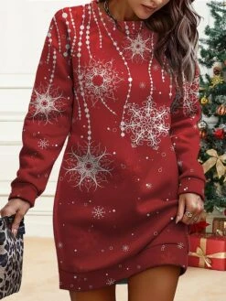 Women's Christmas Casual Dress Sweatshirt Dress Mini Dress Warm Fashion Outdoor Vacation Crew Neck Print Snowflake Deer Loose Fit White Wine Red S M L XL XXL