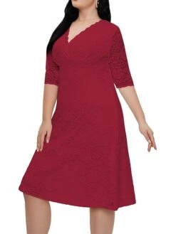 Women‘s Plus Size Curve Party Dress Lace Dress White Dress Solid Color Midi Dress Half Sleeve Lace V Neck Fashion Party White Red Summer Spring XL XXL 3XL 4XL 5XL -Casual Print Dress Sales ugekzv1681204550044