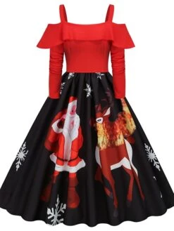 Women's Christmas Vintage DressKnee Length Dress Wine Light Red Red White Black Long Sleeve Santa Claus Elk Snowman Cold Shoulder Print Fall Winter Spaghetti Strap Vacation Vintage 2022 -Casual Print Dress Sales ugijpa1665293365446