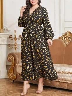 Women's Plus Size Prom Dress Party Dress Wedding Guest Dress Long Dress Maxi Dress Black Long Sleeve Print Ruched Fall Winter Autumn V Neck Fashion Winter Dress Evening Party Wedding Guest 2023 L XL -Casual Print Dress Sales uglfbi1693535311291