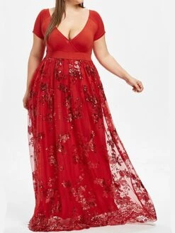 Women's Plus Size Swing Dress Solid Color V Neck Layered Short Sleeve Fall Prom Dresses Maxi Long Dress Party Dress -Casual Print Dress Sales ugueyf1629106117225