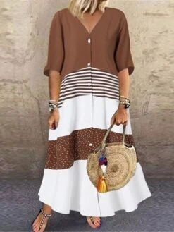 Women‘s Curve Plus Size Curve A Line Dress Striped V Neck Print Half Sleeve Spring Summer Casual Maxi Long Dress Casual Daily Dress