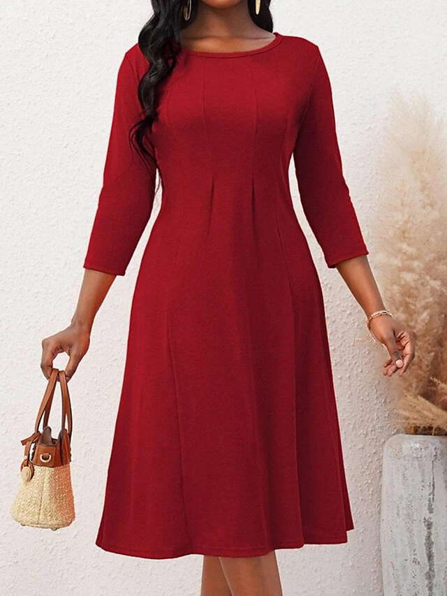 Women's Christmas Plus Size Curve Casual Dress A Line Dress Solid Color Midi Dress 3/4 Length Sleeve Crew Neck Fashion Outdoor Red Fall Winter L XL XXL 3XL 4XL 3 Women's Christmas Plus Size Curve Casual Dress A Line Dress Solid Color Midi Dress 3/4 Length Sleeve Crew Neck Fashion Outdoor Red Fall Winter L XL XXL 3XL 4XL - Image 3