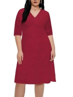 Women‘s Plus Size Curve Party Dress Lace Dress White Dress Solid Color Midi Dress Half Sleeve Lace V Neck Fashion Party White Red Summer Spring XL XXL 3XL 4XL 5XL -Casual Print Dress Sales ugzmlp1681204549247