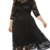 Women‘s Plus Size Curve Party Dress Black Dress Floral Crew Neck Lace 3/4 Length Sleeve Spring Fall Work Prom Dress Midi Dress Party