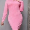 Women's Plus Size Curve Party Dress Cocktail Dress Wedding Guest Dress Midi Dress Pink Long Sleeve Pure Color Zipper Spring Fall Winter V Neck Fashion Birthday Wedding Guest Vacation 2023 XL XXL 3XL